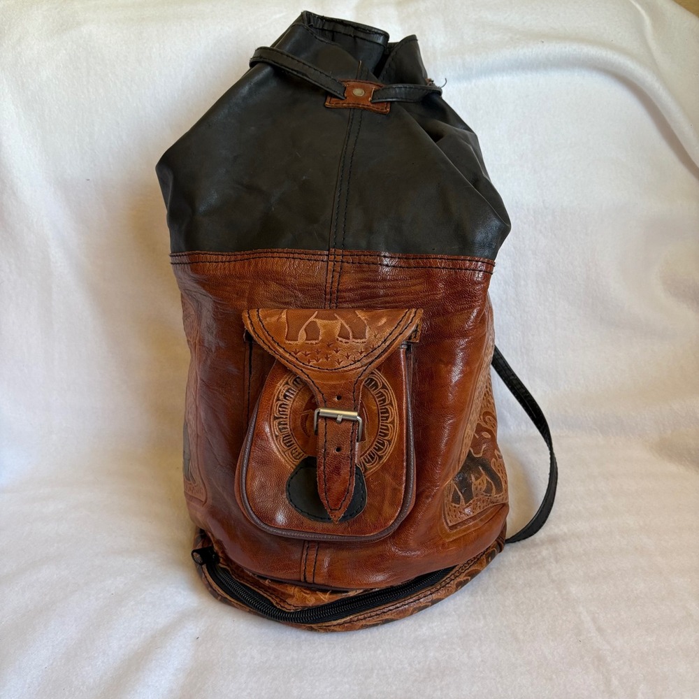 Vintage Tooled Leather Elephant Backpack Drawstring Bucket Bag Brown Black Boho